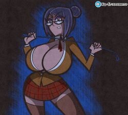 Rule 34 | 1girl, boots, breasts, cartoonized, female focus, formal, glasses, highres, joseph brito, large breasts, nail polish, prison school, riding crop, shiraki meiko, short hair, skirt, thighhighs, toon (style), wide hips