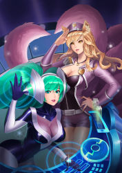 Rule 34 | 2girls, absurdres, ahri (league of legends), alternate costume, alternate hair color, animal ears, blonde hair, blue eyes, bodysuit, breasts, cleavage, cleavage cutout, clothing cutout, collarbone, cowboy shot, dj, dj sona, facial mark, fox ears, fox tail, green hair, hand on own hip, hat, headphones, heart, heart necklace, highres, jacket, jewelry, karmiel, large breasts, league of legends, leaning forward, long hair, long sleeves, looking at viewer, multiple girls, necklace, open clothes, open jacket, pantyhose, parted lips, peaked cap, popstar ahri, salute, short shorts, shorts, skin tight, smile, sona (league of legends), tail, twintails, very long hair, visor, whisker markings, yellow eyes