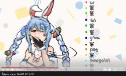 Rule 34 | 1girl, animal ear fluff, animal ears, black gloves, blue hair, blush, braid, breasts, carrot hair ornament, cleavage, closed mouth, commentary, don-chan (usada pekora), english commentary, food-themed hair ornament, gloves, hair ornament, harlequin-wheels, hololive, jerma985, long hair, looking at viewer, medium breasts, meme, multicolored hair, one eye closed, rabbit ears, solo, twin braids, two-tone hair, upper body, usada pekora, usada pekora (1st costume), virtual youtuber, white hair, youtube