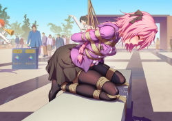 Rule 34 | 1boy, 2girls, :d, amusement park, arms behind back, astolfo (fate), astolfo (memories at trifas) (fate), bdsm, belt, between breasts, black hair, black pantyhose, black skirt, blue eyes, blue sky, blush, bondage, boots, bound, bound arms, bound legs, braid, breast bondage, breasts, chinese text, closed eyes, cloud, crotch rope, crying, cum, cum in mouth, d;, day, diamond (shape), facial, fang, fate/apocrypha, fate/grand order, fate (series), feet, frogtie, fujimaru ritsuka (female), fujimaru ritsuka (male), full body, genderswap, genderswap (mtf), happy, highres, himitsu (hi mi tsu 2), humiliation, jacket, legs together, long hair, medium breasts, midriff peek, miniskirt, multicolored hair, multiple girls, no shoes, nose blush, official alternate costume, one eye closed, open clothes, open jacket, open mouth, orange hair, outdoors, pantyhose, pink eyes, pink hair, pink jacket, pleated skirt, public indecency, restrained, saint quartz (fate), saliva, shibari, shibari over clothes, shirt, side ponytail, single braid, skirt, sky, smile, solo focus, striped clothes, striped shirt, swing, tears, two-tone hair, white hair, yellow eyes