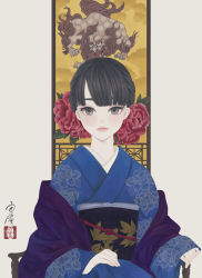 Rule 34 | 1girl, absurdres, black hair, black sash, blue kimono, blunt bangs, brown eyes, chinese guardian lion, closed mouth, expressionless, floral print, flower, hand on lap, highres, japanese clothes, kimono, komainu, leaf print, looking at viewer, obi, obiage, obijime, on chair, original, peony (flower), print kimono, print sash, purple shawl, red flower, sash, seal impression, shawl, signature, sitting, solo, upper body, ushiyama ame, white background