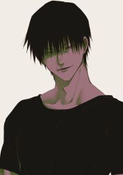 Rule 34 | 1boy, black hair, black shirt, collarbone, fushiguro touji, hair between eyes, highres, jujutsu kaisen, looking at viewer, lower teeth only, male focus, parted lips, scar, scar on face, scar on mouth, shirt, short sleeves, smile, solo, spot color, t-shirt, teeth, upper body, urup zzz, white background