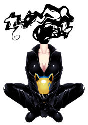 Rule 34 | 1girl, absurdres, animal ears, bad id, bad pixiv id, black bodysuit, bodysuit, breasts, cat ears, celty sturluson, cleavage, dullahan, durarara!!, headless, helmet, highres, indian style, large breasts, mizutsuki rei, shiny clothes, simple background, sitting, solo, white background