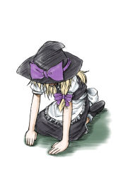 Rule 34 | 1girl, artist request, blonde hair, dress, female focus, hair ribbon, hat, hat ribbon, kirisame marisa, maid, prostration, ribbon, simple background, solo, source request, touhou, white background, witch hat