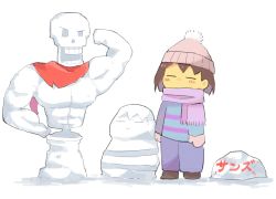 Rule 34 | 1other, = =, androgynous, beanie, closed eyes, frisk (undertale), full body, hat, mittens, papyrus (undertale), pom pom (clothes), sasa kichi, scarf, snowman, standing, striped clothes, striped sweater, sweater, undertale, white background