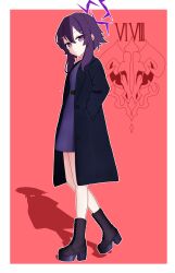 Rule 34 | 1girl, absurdres, belt, blue archive, boots, coat, dress, expressionless, full body, halo, hand in pocket, haruka (blue archive), highres, hururu game, long sleeves, looking at viewer, purple eyes, purple hair, roman numeral, shadow, short hair with long locks, solo, walking