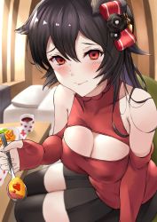 Rule 34 | 1girl, alternate costume, bare shoulders, bed, black hair, black skirt, black thighhighs, blush, breasts, cleavage, cleavage cutout, closed mouth, clothing cutout, commentary request, couch, cup, detached sleeves, feeding, food, food writing, granblue fantasy, haido (ryuuno kanzume), hair between eyes, hair ornament, highres, holding, holding spoon, indoors, kaina (b-white), large breasts, long hair, looking at viewer, nier (granblue fantasy), omelet, omurice, pillow, plate, pleated skirt, pov, red eyes, red shirt, shirt, skirt, sleeveless, sleeveless shirt, spoon, table, thighhighs