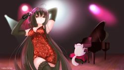 Rule 34 | 1girl, absurdres, azur lane, cat, glitter, gloves, highres, instrument, lights, long hair, meowfficer (azur lane), microphone, piano, radio.broom, red eyes, sparkle, taihou (azur lane), thighhighs, thighs