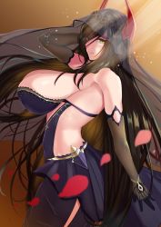 Rule 34 | 1girl, arm up, azur lane, bare shoulders, black gloves, black hair, breasts, elbow gloves, friedrich der grosse (azur lane), friedrich der grosse (zeremonie of the cradle) (azur lane), from side, gloves, hair over one eye, highres, horns, large breasts, long hair, looking at viewer, sideboob, skirt, smile, solo, veil, yellow eyes, yuhica
