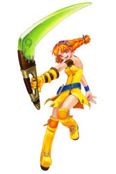 Rule 34 | 1girl, :d, aika (eternal arcadia), armband, belt, boomerang, boots, braid, breasts, dress, earrings, eternal arcadia, flight goggles, full body, gloves, goggles, goggles on head, highres, holding, holding weapon, jewelry, knee boots, looking at viewer, medium breasts, official art, open mouth, orange hair, single glove, smile, solo, source request, twin braids, weapon, wristband, yellow dress