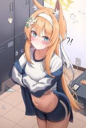 Rule 34 | !?, 1girl, absurdres, animal ear fluff, animal ears, blue archive, blue eyes, blush, cat ears, cat girl, cellphone, charger, collarbone, deriolet, electrical outlet, embarrassed, frown, gym uniform, halo, headband, highres, indoors, locker, locker room, looking at viewer, mari (blue archive), mari (track) (blue archive), navel, orange hair, panties, phone, removing, shorts, smartphone, solo, standing, surprised, sweatdrop, table, underwear, white headband