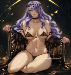Rule 34 | 1girl, black panties, breasts, breasts apart, camilla (fire emblem), choker, female focus, fire emblem, fire emblem fates, hair over one eye, jewelry, kneeling, large breasts, lingerie, lips, long hair, looking at viewer, matching hair/eyes, navel, necklace, nintendo, nipples, panties, parted lips, patreon username, pubic tattoo, purple eyes, purple hair, purple nails, see-through, signature, smile, solo, tattoo, thighs, tiara, underboob, underwear, very long hair, watermark, wavy hair, web address, wei (promise 0820)