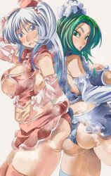 Rule 34 | 2girls, alternate costume, ass, ass-to-ass, ass press, blue eyes, blue panties, blue thighhighs, blush, breasts, butt crack, cosplay, detached sleeves, female focus, green eyes, green hair, hair bobbles, hair ornament, hat, large breasts, long hair, lyrica prismriver, lyrica prismriver (cosplay), merlin prismriver, merlin prismriver (cosplay), mima (touhou), miniskirt, multiple girls, mystic square, navel, no bra, open mouth, panties, pink legwear, red legwear, red panties, shinki (touhou), side ponytail, silver hair, skirt, thighhighs, touhou, touhou (pc-98), underwear, yohane