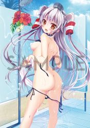 Rule 34 | 10s, 1girl, :o, amatsukaze (kancolle), ass, back, bad id, bad pixiv id, bare arms, bare back, bare legs, bare shoulders, bathing, bikini, bikini pull, bikini top lift, black bikini, black hairband, black hat, black neckwear, black ribbon, blue sky, blunt bangs, blush, breasts, bright pupils, brown eyes, choker, clothes lift, clothes pull, cloud, cloudy sky, convenient censoring, day, fang, flower, from behind, hair between eyes, hairband, hat, hibiscus, holding, holding towel, kantai collection, leaf, legs apart, lens flare, long hair, looking at viewer, looking back, medium breasts, mini hat, nudist, open mouth, outdoors, panties, picpicgram, raised eyebrows, red flower, red legwear, ribbon, sample watermark, shoulder blades, shower head, showering, side-tie bikini bottom, sideboob, silver hair, sky, small breasts, soap, soap bubbles, soap censor, solo, sparkle, standing, sunlight, swimsuit, tile floor, tiles, towel, twintails, two side up, underwear, untied bikini, very long hair, water, watermark, wet, wet hair, white towel, yellow eyes, yellow flower, zenra