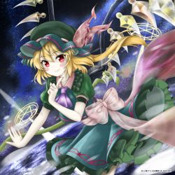 Rule 34 | + +, 1girl, alternate color, blonde hair, blush stickers, bow, closed mouth, commentary request, copyright notice, crystal, dress, dutch angle, feet out of frame, flandre scarlet, funa (rmrz8282), green dress, green hat, hand up, hat, highres, index finger raised, looking at viewer, magic circle, medium hair, mob cap, one side up, purple neckwear, smile, solo, touhou, touhou lostword, white bow, wings
