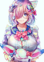 Rule 34 | 1girl, :3, adapted costume, alternate costume, blue bow, blue eyes, bow, bowtie, bra, bra peek, breast press, breasts, bursting breasts, center frills, character doll, closed mouth, cross hair ornament, eyelashes, fate/grand order, fate (series), fou (fate), frills, hair bow, hair ornament, hair over one eye, heart, heart-shaped pupils, large breasts, looking at viewer, mash kyrielight, one eye covered, paw hair ornament, pink bow, purple hair, sailor collar, short hair, simple background, smile, solo, star (symbol), stuffed toy, symbol-shaped pupils, symbol in eye, tocope, underwear, upper body