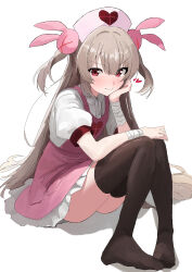 Rule 34 | 1girl, absurdres, apron, bandaged wrist, bandages, black thighhighs, blush, brown hair, closed mouth, commentary request, frilled apron, frills, hair ornament, hat, head rest, highres, knees together feet apart, knees up, long hair, looking at viewer, natori sana, nurse cap, pink apron, puffy short sleeves, puffy sleeves, rabbit hair ornament, red eyes, sana channel, shirt, short sleeves, simple background, sitting, smile, soles, solo, thighhighs, thighs, tori no shigure ni, two side up, v-shaped eyebrows, white background, white shirt
