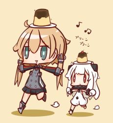 Rule 34 | 10s, 2girls, :d, abyssal ship, ahoge, anchor hair ornament, aqua eyes, balancing on head, beamed quavers, chibi, colored skin, commentary request, dress, food, food on head, hair ornament, horns, kantai collection, light brown hair, long hair, mittens, multiple girls, musical note, northern ocean princess, nuu (nu-nyu), object on head, open mouth, outstretched arms, plate, pleated skirt, prinz eugen (kancolle), pudding, pun, quaver, red eyes, size difference, skirt, smile, spread arms, triangle mouth, twintails, walking, white dress, white hair, white skin