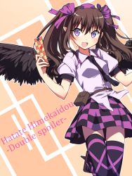 Rule 34 | 1girl, black thighhighs, blush, breasts, brown eyes, brown hair, cellphone, character name, checkered clothes, checkered skirt, copyright name, female focus, hair ribbon, hat, highres, himekaidou hatate, kaiza (rider000), long hair, necktie, open mouth, phone, purple eyes, ribbon, skirt, small breasts, smile, solo, thighhighs, tokin hat, touhou, twintails, wings