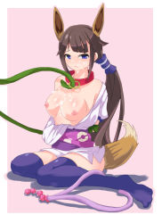 Rule 34 | 1girl, anal tail, blue eyes, breasts, brown hair, butt plug, collar, cosplay, creatures (company), cum, cum on body, cum on breasts, cum on upper body, eevee (cosplay), eevee ears, eevee tail, facial, fake tail, game freak, heroine (pokemon conquest), japanese clothes, kimono, long hair, nintendo, nipples, open clothes, open kimono, pokemon, pokemon conquest, purple thighhighs, tail, thighhighs, thighs, very long hair