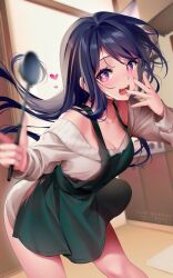 Rule 34 | 1girl, apron, artist name, blurry, bottomless, collarbone, commentary, depth of field, english commentary, fang, green apron, heart, highres, hoshino ai (oshi no ko), long hair, long sleeves, multicolored eyes, off-shoulder sweater, off shoulder, open mouth, oshi no ko, purple hair, rimuu, sidelocks, solo, star-shaped pupils, star (symbol), sweater, symbol-shaped pupils, teeth, twitter username, watermark, white sweater