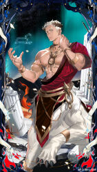Rule 34 | 1boy, :/, abs, absurdres, alter servant, alternate costume, alternate hair color, ancient greek clothes, armlet, bara, bare pectorals, beast servant, biceps, card (medium), centaur, column, constellation, destroyed, eyebrow cut, facial hair, feet out of frame, fire, frown, goatee, gold bracelet, gold collar, gold necklace, gradient sky, greco-roman clothes, hand on own neck, hand up, highres, jewelry, large pectorals, laurel crown, leo (constellation), light particles, looking at viewer, male focus, mature male, monsterification, muscular, muscular male, nanyu1998, necklace, nipples, no scar, pectorals, pelvic curtain, pillar, red robe, robe, ruins, short hair, sideburns, single bare shoulder, sky, solo, stairs, star (sky), starry sky, taur, tentacles, thick eyebrows, v-taper, white fur, white hair, yellow eyes