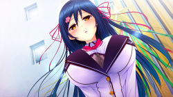 Rule 34 | 1girl, blazer, blue hair, blush, bow, bowtie, breasts, building, buttons, cherry blossoms, come hither, dutch angle, female focus, game cg, haikai giga, hair between eyes, hair ornament, hair ribbon, hairclip, half-closed eyes, jacket, kagami suzuha, lace, large breasts, long hair, long sleeves, looking at viewer, multicolored eyes, orange eyes, outdoors, parted lips, purple eyes, ren&#039;ai phase, ribbon, school uniform, solo, star (symbol), upper body, usume shirou, v arms, very long hair, window