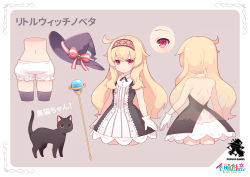 Rule 34 | 1girl, backless dress, backless outfit, bare arms, bare back, bare shoulders, black cat, black dress, black headwear, black thighhighs, blonde hair, bloomers, cat, character sheet, dress, gloves, grey background, hairband, hat, hat ribbon, highres, linmiu (smilemiku), little witch nobeta, long hair, midriff, multiple views, navel, nobeta, official art, phyllis (cat) (little witch nobeta), phyllis (little witch nobeta), red eyes, ribbon, short dress, simple background, smile, striped clothes, striped dress, thighhighs, turnaround, two-tone dress, underwear, unworn headwear, vertical-striped clothes, vertical-striped dress, wand, weapon, white dress, white gloves, witch hat
