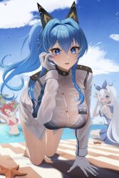 Rule 34 | 3girls, :d, all fours, anchor (nikke), arm support, bikini, bikini under clothes, black bikini, black hair, blue eyes, blue hair, blue skirt, blue sky, blush, braid, closed eyes, closed mouth, gloves, goddess of victory: nikke, hair intakes, hand on own cheek, hand on own face, headgear, helm (aqua marine) (nikke), helm (nikke), highres, light blue hair, long hair, looking at viewer, mast (nikke), milmil7, multicolored hair, multiple girls, official alternate costume, one eye closed, open mouth, parted lips, pink bikini, ponytail, pool, red hair, see-through, see-through shirt, shirt, side-tie bikini bottom, skirt, sky, smile, splashing, starfish, streaked hair, swimsuit, water, wet, wet clothes, wet shirt, white gloves, white shirt