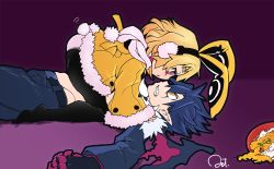Rule 34 | 1boy, 1girl, angry, animal ears, black hairband, black pantyhose, blonde hair, blue hair, blue pants, bright pupils, chinese commentary, clenched teeth, curry, disgaea, eye contact, food, girl on top, gloves, hairband, jacket, jiete, killia (disgaea), looking at another, lying, makai senki disgaea 5, messy hair, on back, pants, pantyhose, pointy ears, profile, purple background, rabbit ears, red eyes, scarf, short hair, signature, teeth, usalia (disgaea), white scarf, wings, yellow eyes, yellow jacket