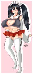 Rule 34 | 10s, 1girl, ayazumi flutter, black eyes, black hair, black panties, blush, breasts, cleavage cutout, clothing cutout, curvy, detached sleeves, female focus, full body, hair ornament, huge breasts, isuzu (kancolle), kantai collection, long hair, long twintails, maid headdress, miniskirt, navel, no bra, open mouth, panties, shirt, simple background, skirt, solo, standing, thighhighs, twintails, underboob, underwear, white thighhighs