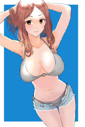 Rule 34 | 1girl, armpits, arms behind head, ashita (2010), bikini, bikini under clothes, blue background, blush, breasts, brown eyes, collarbone, commentary request, copyright request, denim, denim shorts, grey bikini, highres, large breasts, looking at viewer, medium hair, navel, o-ring, o-ring bikini, o-ring top, parted lips, red hair, short shorts, shorts, smile, solo, standing, swimsuit, thigh gap, thighs, two-tone background, wet, white background