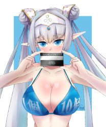 Rule 34 | 1girl, bikini, bikini top only, blue eyes, breasts, britomart (fate), english text, fate/grand order, fate (series), grey hair, large breasts, pointy ears, swimsuit, upper body, vsdon
