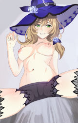 Rule 34 | 1girl, aruman, bare arms, blonde hair, breasts, genshin impact, green eyes, hat, highres, lisa (genshin impact), long hair, looking at viewer, nipples, shorts, smile, solo, spread legs, thighhighs, thighs, topless, witch hat