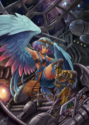 Rule 34 | 10s, 1girl, 2015, aqua eyes, armpits, bag, bandeau, blue hair, blue wings, breasts, cable, denim, eyebrows, feathered wings, full body, goggles, goggles on head, gradient hair, harpy, industrial pipe, knee pads, light smile, maxa&#039;, mechanic, medium breasts, monster girl, multicolored hair, original, overalls, pliers, purple hair, repairing, science fiction, short hair, signature, solo, space, spacecraft, spacecraft interior, star (sky), strapless, suspenders, talons, tan, tools, window, winged arms, wings, zero gravity