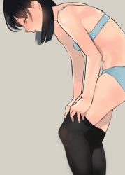 Rule 34 | 1girl, absurdres, black pantyhose, blue bra, blue panties, bra, breasts, dressing, highres, leaning forward, lips, looking down, midriff, original, panties, pantyhose, short twintails, small breasts, solo, standing, standing on one leg, stomach, twintails, underwear, underwear only, yomu (sgt epper)