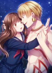 Rule 34 | 10s, 1boy, 1girl, :o, blonde hair, blue background, blue serafuku, blue skirt, brown eyes, brown hair, chest tattoo, earrings, fate/extra, fate/extra ccc, fate (series), gilgamesh (fate), hand on another&#039;s head, hetero, holding another&#039;s wrist, jewelry, kishinami hakuno (female), long hair, looking at another, necklace, neudot (lunaxfiore), open mouth, red eyes, school uniform, serafuku, skirt, smile, sparkle, tattoo, topless male, upper body
