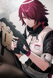 Rule 34 | 1girl, arknights, bad id, bad pixiv id, black gloves, black pantyhose, black skirt, exusiai (arknights), female focus, fingerless gloves, gloves, gun, hair over one eye, highres, holding, holding gun, holding weapon, jacket, looking at viewer, miniskirt, pantyhose, parted lips, red eyes, red hair, short hair, short sleeves, sitting, skirt, solo, wakahiko, weapon