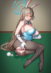 Rule 34 | 1girl, after vaginal, aftersex, anal tail, animal ears, ass, asuna (blue archive), asuna (bunny) (blue archive), bare shoulders, blaccura, black pantyhose, blue archive, blue bow, blue bowtie, blue leotard, bow, bowtie, breasts, butt plug, cum, cum in pussy, detached collar, eyes visible through hair, fake animal ears, fake tail, feet, full body, gloves, hair over one eye, halo, heart, highres, large breasts, leotard, light brown hair, long hair, lying, nipples, no shoes, on side, pantyhose, playboy bunny, pussy, rabbit ears, sex toy, solo, tail, tongue, tongue out, torn clothes, uncensored, white gloves