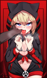 Rule 34 | 1boy, 1girl, 5danny1206, absurdres, animal ear headwear, black hoodie, blonde hair, blue eyes, blush, breasts, cleavage, commentary, cowboy shot, cuffs, dark-skinned male, dark skin, fake animal ears, finger in another&#039;s mouth, gradient background, hair between eyes, handcuffs, hands up, headphones, headphones around neck, heart, heart-shaped pupils, highres, hood, hood up, hoodie, large breasts, looking at viewer, mouth pull, navel, open mouth, original, pov, pov hands, red background, restrained, saliva, short hair, simple background, solo focus, symbol-only commentary, symbol-shaped pupils, tears, teeth, tongue, tongue out, upper teeth only