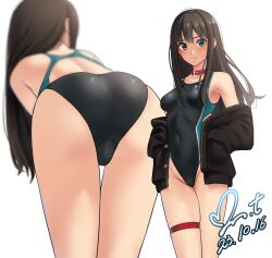 Rule 34 | 1girl, ass, backless swimsuit, bare shoulders, bent over, black cardigan, blurry, blurry background, blush, breasts, brown hair, cardigan, choker, closed mouth, collarbone, commentary request, competition swimsuit, covered navel, crotch, dated, depth of field, from behind, green eyes, groin, highres, idolmaster, idolmaster cinderella girls, long hair, looking at viewer, medium breasts, multiple views, one-piece swimsuit, red choker, shibuya rin, signature, standing, swimsuit, thigh strap, yoo tenchi