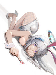 Rule 34 | 1girl, all fours, alternate costume, animal ears, aqua nails, arched back, blue archive, breast press, breasts, closed mouth, cross-laced slit, dutch angle, fake animal ears, fake tail, finger painting, fishnet pantyhose, fishnets, grey footwear, grey hair, grey leotard, halo, head rest, high heels, highleg, highleg leotard, highres, leotard, long hair, looking at viewer, medium breasts, nail polish, noa (blue archive), pantyhose, playboy bunny, purple eyes, rabbit ears, rabbit tail, shadow, solo, sunga2usagi, tail, top-down bottom-up, white wrist cuffs, wrist cuffs