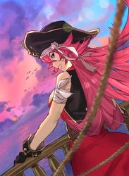 Rule 34 | 1girl, black gloves, blue eyes, blurry, blurry foreground, breasts, fate/grand order, fate (series), francis drake (fate), from behind, gloves, hat, highres, large breasts, ocean, pink hair, pirate hat, rope, scar, scar on face, ship, solo, sunset, teshima nari, watercraft