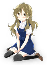 Rule 34 | 1girl, bad id, bad pixiv id, black thighhighs, brown eyes, brown hair, casual, dress, full body, highres, loafers, long hair, meno, puffy sleeves, shinomiya himawari, shoes, short sleeves, simple background, sitting, solo, thighhighs, v arms, vividred operation, wariza, white background