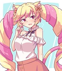 Rule 34 | 1girl, animal ear fluff, animal ears, bare shoulders, blonde hair, blue background, blush, bow, brown bow, brown skirt, cat ears, cat girl, cat tail, e20, fang, flying sweatdrops, hair bow, hand up, highres, mashima himeko (show by rock!!), multicolored hair, open mouth, outside border, pink hair, red eyes, scratching cheek, shirt, show by rock!!, skirt, sleeveless, sleeveless shirt, solo, sweat, tail, twintails, two-tone background, two-tone hair, white background, white shirt