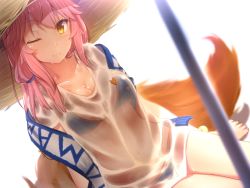 Rule 34 | 1girl, ;), barefoot, bikini, blue bikini, blurry, blush, breasts, cleavage, closed mouth, cuon (kuon), depth of field, dutch angle, fate/grand order, fate (series), fox print, fox tail, hat, long hair, looking at viewer, medium breasts, one eye closed, pink hair, see-through, shirt, simple background, smile, solo, straw hat, sun hat, swimsuit, tail, tamamo (fate), tamamo no mae (fate/extra), tamamo no mae (swimsuit lancer) (fate), tamamo no mae (swimsuit lancer) (second ascension) (fate), tsurime, umbrella, wet, wet clothes, wet shirt, white background