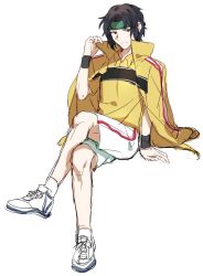 Rule 34 | 1boy, black hair, blue eyes, blue hair, closed mouth, crossed legs, hand up, headband, highres, invisible chair, jacket, jacket on shoulders, male focus, nikame, shirt, shoes, shorts, sitting, sketch, smile, sneakers, socks, solo, sportswear, tennis no ouji-sama, tennis uniform, uniform, white background, white footwear, white socks, wristband, yellow shirt, yukimura seiichi