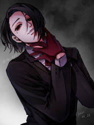 Rule 34 | 1boy, absurdres, artist name, black hair, black jacket, collared shirt, dated, furuta nimura, gloves, gradient background, hands up, head tilt, highres, jacket, kino (uni sk38), long sleeves, looking at viewer, mole, mole under eye, neck ribbon, parted lips, red gloves, red ribbon, ribbon, shirt, short hair, smile, solo, teeth, tokyo ghoul, tokyo ghoul:re, upper body