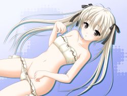 1girl bikini black_eyes blonde_hair bra female_focus flat_chest groin hair_ribbon highres kakesu kasugano_sora lingerie long_hair lowleg lowleg_panties navel panties ribbon solo swimsuit thighs twintails underwear white_bikini yosuga_no_sora