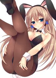 Rule 34 | 1girl, animal ears, blue eyes, blush, breasts, brown hair, brown pantyhose, cameltoe, cleavage, detached collar, fake animal ears, female focus, fishnet pantyhose, fishnets, high heels, large breasts, legs up, leotard, light brown hair, long hair, looking at viewer, lying, on back, original, pantyhose, playboy bunny, rabbit ears, rabbit tail, simple background, solo, sorai shin&#039;ya, tail, white background, wrist cuffs